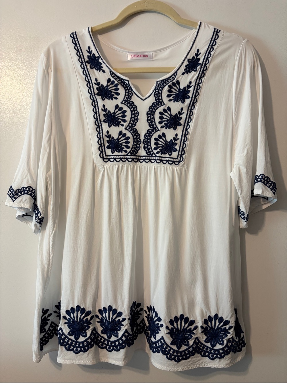 4/$25 Chaniss White Embroidered Peasant Top with Navy Accents